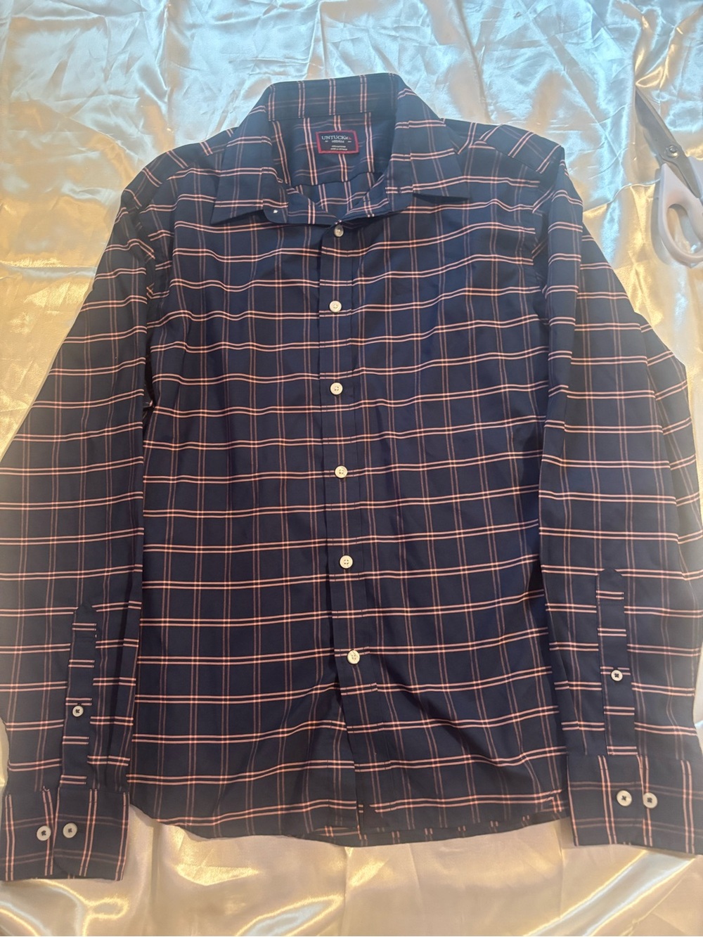 UNTUCKit Men's Navy Plaid Button-Down Shirt with Red Windowpane